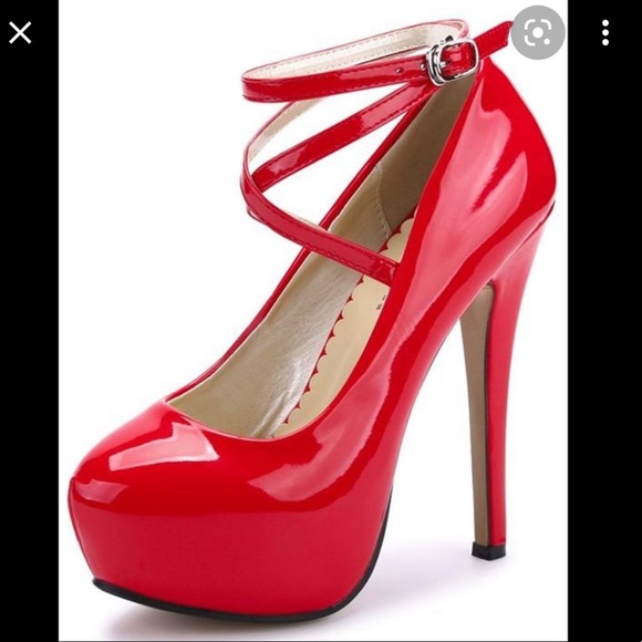 Ochenta Red Ankle Strap Platform Pumps - Picture 7 of 7